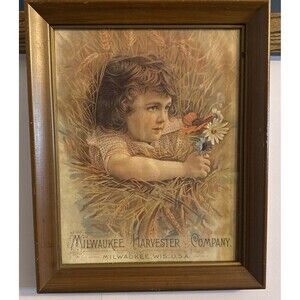 Milwaukee Harvester Girl with Wheat and Flowers Framed Antique Ad Cottagecore